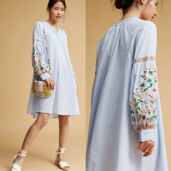 Antik Batik Dresses & Skirts - Antik Batik Blue Striped Embroidered Shirt Dress Sz 40 Boho Cottage